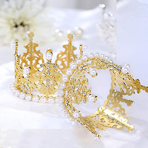 SACALA 2 piezas pequeñas de corona dorada decoración para tartas de boda, corona de perlas vintage King/Princesa para decoración de fiesta de cumpleaños