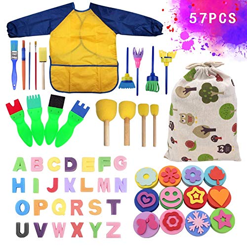 SaiXuan 57 Pcs Kits de Pinceles de Esponja,niños Gouache Craft Pinceles y Delantal Herramientas de Pintura,Acuarelas niños,Niños Pintura Temprana Artes DIY Artesanías