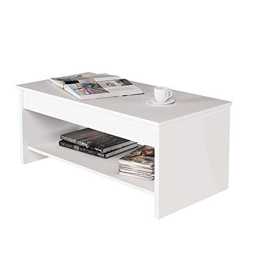 Samblo Argus - Mesa de centro elevable de melamina, color blanco, 100 x 50 x 42 cm