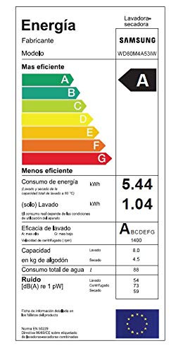 Samsung - Lavasecadora WD80M4A53IW Estándar Serie 6 8kg/4.5kg, A, Carga Frontal, Color Blanco, Tecnología EcoBubble™, Motor Digital Inverter, AirWash, Lavar+Secar 59´