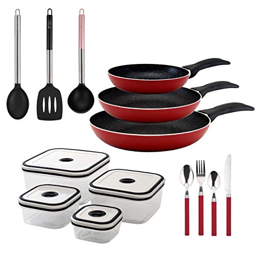 San Ignacio PK1523 Set sartenes Ø16/Ø20/Ø24 cm y utensilios, aluminio forjado, aptas para inducción, Rojo/Negro