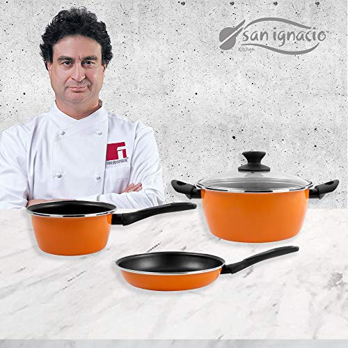 San Ignacio Set Sartén ø20 Cazo ø16 Cacerola con Tapa ø24 cms Sunset Acero esmaltado inducción, Carbono