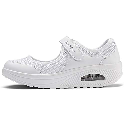 Sandalias para Mujer Malla Merceditas Plataforma Ligero Zapatillas Sneaker Mary Jane Casual Zapatos de Deporte Mocasines Negros Verano A-Blanco-2 EU40