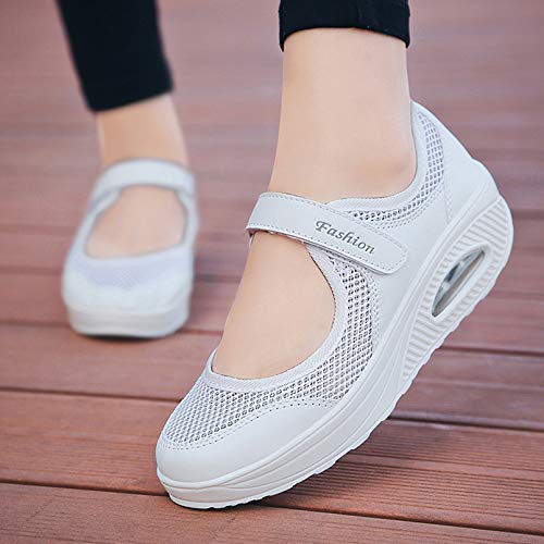 Sandalias para Mujer Malla Merceditas Plataforma Ligero Zapatillas Sneaker Mary Jane Casual Zapatos de Deporte Mocasines Negros Verano A-Blanco-2 EU40