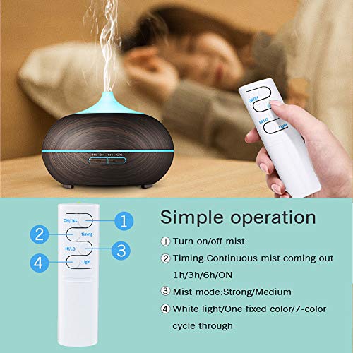 SaponinTree Humidificador Ultrasónico 500ml, Difusor de Aromaterapia con Mando a Distancia, Difusor de Aceites Esenciales de 7-Color LED y 4 Temporizador para luminoterapia en el Hogar, Oficina, Spa