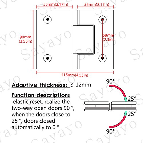 Sayayo Abrazadera de vidrio de 180 grados Vidrio con bisagra Vidrio a vidrio para puerta de vidrio/vitrina de vidrio/puerta de gabinete de vidrio, acero inoxidable grueso de 4MM cepillado acabado