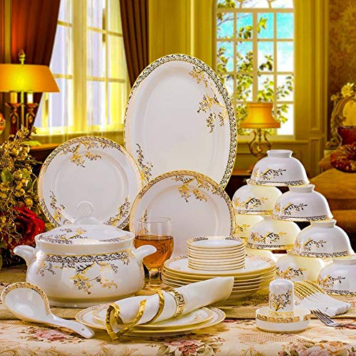 SCHS 56PCS Juego de vajilla de cerámica Bone China Vajilla Platos Platos Combinación de cerámica Servicio de Cena Set Diner Set Porcelana