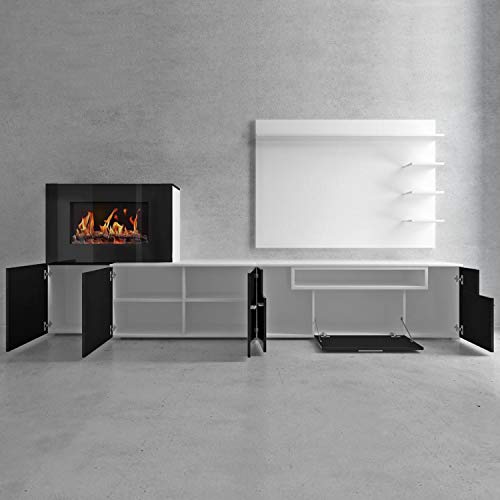 SelectionHome - Mueble salón Comedor con Chimenea eléctrica, Acabado Blanco Mate y Negro Brillo Lacado, Medidas: 290 x 170 x 45 cm de Fondo