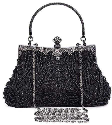 Selighting Cartera de Mano Fiesta Vintage, Clutch Mujer Elegante Bolso de Noche Bolsos de Embrague con Cuentas para Fiesta Cóctel Ceremonia Boda Novia (Negro)