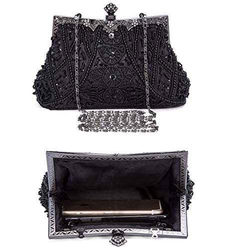 Selighting Cartera de Mano Fiesta Vintage, Clutch Mujer Elegante Bolso de Noche Bolsos de Embrague con Cuentas para Fiesta Cóctel Ceremonia Boda Novia (Negro)