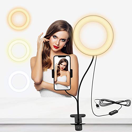 Selvim Anillo de Luz LED, Aro de Luz Fotográfica con Soporte para Móviles de Brazo Flexible a 360°, 3 Modos de Luz y 10 Brillos, 6" con 64 Bombillas para Selfie, Maquillaje, TIK tok, Youtube