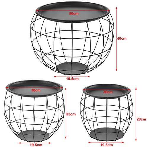 Set de 3X Cestas de Metal con bandejas extraíbles Mesa Baja Mesa Auxiliar para Almacenar Mesas de té y café Mesas de Centro (Negro)