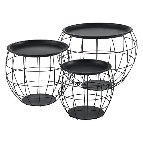 Set de 3X Cestas de Metal con bandejas extraíbles Mesa Baja Mesa Auxiliar para Almacenar Mesas de té y café Mesas de Centro (Negro)