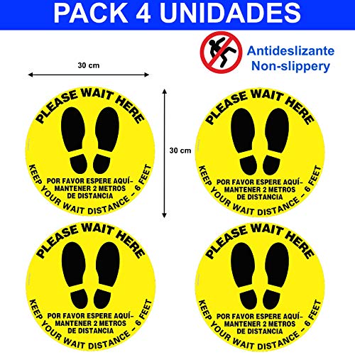 (SET de 4) Pegatinas Suelo Espere aqui su turno distancia de seguridad circulares, adhesivos para señalizacion ESPERE AQUI - PLEASE WAIT HERE Dos idiomas, Antideslizantes