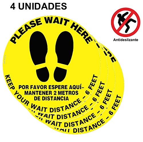 (SET de 4) Pegatinas Suelo Espere aqui su turno distancia de seguridad circulares, adhesivos para señalizacion ESPERE AQUI - PLEASE WAIT HERE Dos idiomas, Antideslizantes