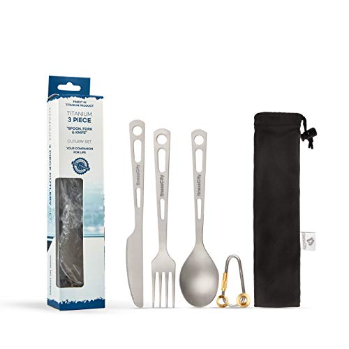 Set de Cubertería de Titanio Fuerte y Liviano, 3/4 piezas Saludables y Ecológicas con Palillos, Cuchillo, Tenedor y Cuchara para uso en el Hogar/ Cubertería para acampar en estuche de tela (3 Piece)