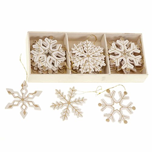 Shabby Chic de madera copos de nieve oro diseño árbol de Navidad adornos caja de 24