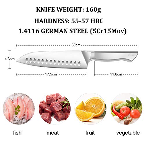 SHAN ZU Cuchillo Santoku - Cuchillo de Cocina Profesional, Cuchillo de Cocinero Japonés, Hoja de Acero Inoxidable Alemán Ultrafino de 18 cm y Mango Cómodo Antideslizante Apto para Lavavajillas