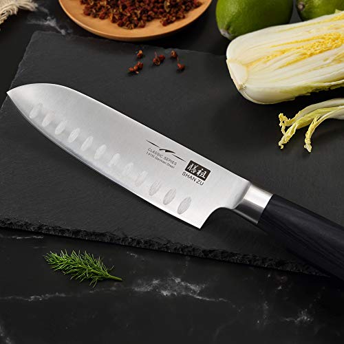 SHAN ZU Cuchillo Santoku - Cuchillo de Cocina Profesional Cuchillo Japonés de 16.5cm, Cuchilla de Cocinero de Acero Inoxidable Alemana Ultradelgada, Mango de Madera Cómodo y Antideslizante