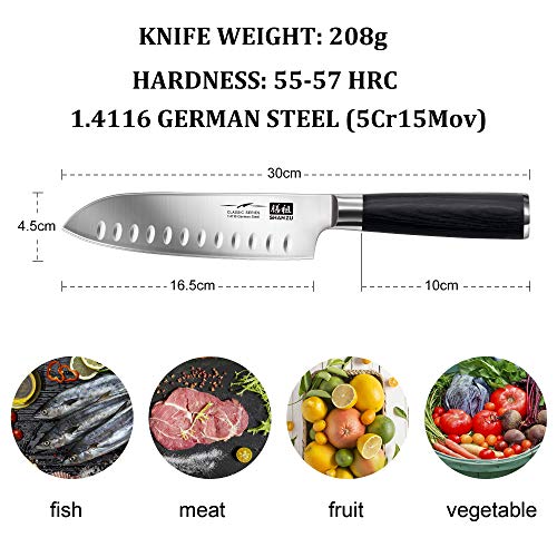 SHAN ZU Cuchillo Santoku - Cuchillo de Cocina Profesional Cuchillo Japonés de 16.5cm, Cuchilla de Cocinero de Acero Inoxidable Alemana Ultradelgada, Mango de Madera Cómodo y Antideslizante