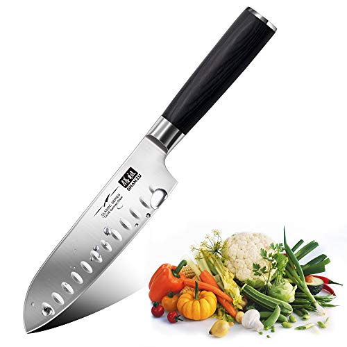 SHAN ZU Cuchillo Santoku - Cuchillo de Cocina Profesional Cuchillo Japonés de 16.5cm, Cuchilla de Cocinero de Acero Inoxidable Alemana Ultradelgada, Mango de Madera Cómodo y Antideslizante