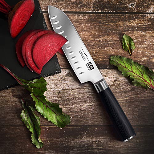 SHAN ZU Cuchillo Santoku - Cuchillo de Cocina Profesional Cuchillo Japonés de 16.5cm, Cuchilla de Cocinero de Acero Inoxidable Alemana Ultradelgada, Mango de Madera Cómodo y Antideslizante