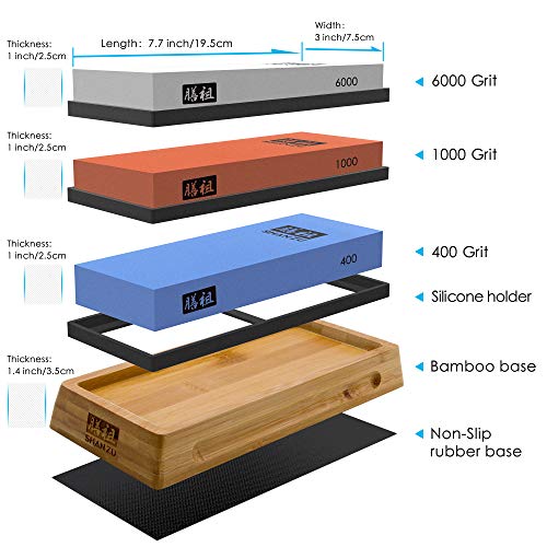 SHAN ZU - Juego de piedra de afilar para afilar cuchillos de grano 400/1000/6000, juego de regalo profesional con base de bambú antideslizante, soporte de silicona, guía de ángulo y piedra de fijación