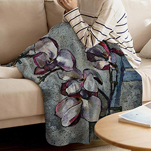 SHHSGZ Estampata 3D poliéster Manta Cobijas de Grandes Infantil Mantas Suave de Franela Mantas para Cama Bedding Mantas de Pintura al óleo de Flor de Magnolia púrpura-M