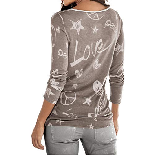 SHOBDW Mujeres Camiseta de Manga Larga con Cuello Redondo y Camisa Impresa Moda Casual Primavera Otoño Blusa Algodón Suelto Tops Sudadera Pullover Camiseta Elegante(Café,S)