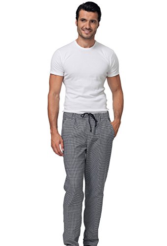 SIGGI - Pantalón de chef 100% algodón cuadrado, color blanco y negro blanco y negro L