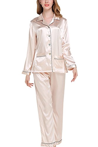 Sihuan Mujer Pijama de 2 Piezas Camisón de Satén Ropa de Dormir Manga Larga Elegante Ligero Suave - Beige, Talla M