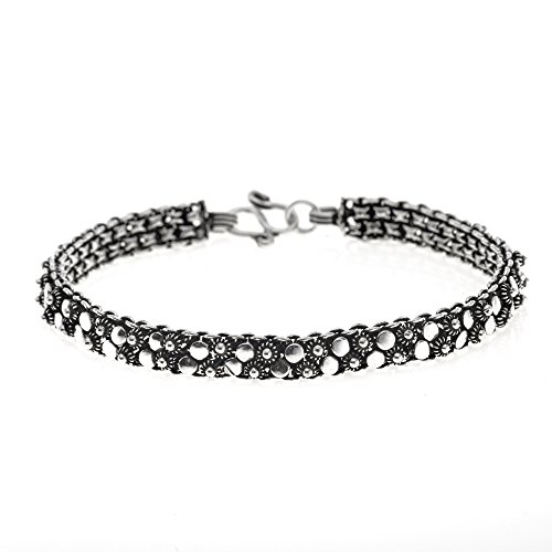 Silverly Pulsera Mujeres en Plata de Ley .925 Oxidada Flor Mirando Al Estilo Vendimia, 19 cm