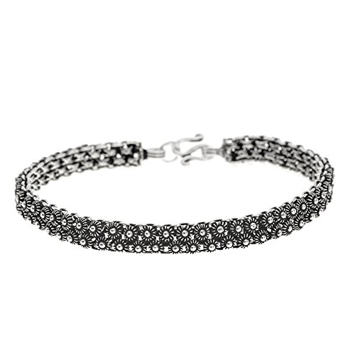 Silverly Pulsera Mujeres en Plata de Ley .925 Oxidada Vendimia Estilo Art Deco Flor Cadena, 19 cm