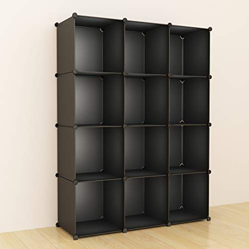 SIMPDIY estantes montados en el Sistema, 12 estantes Cubos Tornillos, Armario Almacenamiento Ropa para el Dormitorio, Armario Almacenamiento artículos la Sala Estar la Oficina, 93x32x124cm, Negro