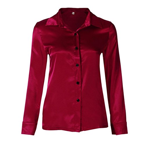 Siswong Blusas Raso Cuello de Solapa Elegantes Casual Mujer de Manga Larga Camisas Formales Oficina Juveniles de Chica Sexys con Botón (XL, Rojo)