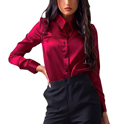 Siswong Blusas Raso Cuello de Solapa Elegantes Casual Mujer de Manga Larga Camisas Formales Oficina Juveniles de Chica Sexys con Botón (XL, Rojo)