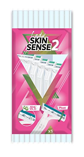 Skin Sense V300931600 2 Lady Desechables - Bolsa de 5 Maquinillas de Afeitar Desechables de 2 Hojas para Mujer con Cabezal Basculante y Banda Lubricante con Aloe Vera y Vitamina E, Magenta