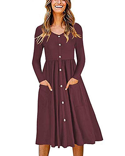 SLYZ Mujeres Otoño Color Sólido Cuello Redondo Manga Larga Bolsillo Cintura Botón Vestido Mujer