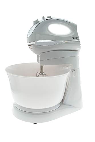 SOGO SS-14290 Batidora Amasadora de Varillas Repostería, 300 W, 5 Velocidades, Libre de BPA, Blanco - Cromo (Batidora con Bowl Automático)