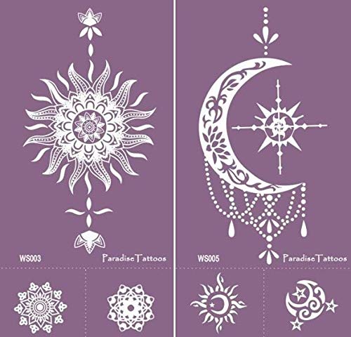 Sol, luna – Plantillas de tatuaje reutilizables 2 hojas – morado malla WS3 & WS5