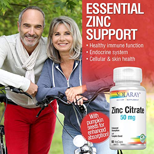 SOLARAY® Zinc Citrate 50 60 VegCaps. Contribuye al normal funcionamiento del sistema inmunitario y a la protección de las células frente al daño oxidativo. Sin gluten. Apto para veganos.