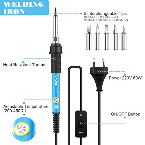 Soldadores de Estaño, WOWGO 60W 12 IN 1 Kit de Soldador Electronica de temperatura ajustable Interruptor con 5 Puntas, Soporte, Alambre de Soldadura, Bomba de Desoldar, Bolsa de Herramientas Pinzas