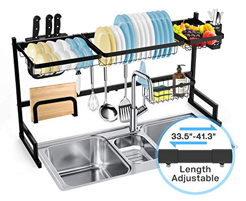 SOLEDI Rejilla para Platos sobre Fregadero Escurridor de Platos de Acero Inoxidable Secado y Almacenamiento para Mantener su Cocina Limpia y ordenada （La Longitud se Puede Ajustar 85-100 cm）