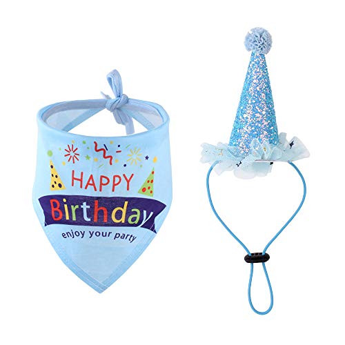 Sombrero de Cumpleaños Para Perros,Triángulo de Pañuelo de Cumpleaños para Perros,Set de Cumpleaños para Mascotas,Bufanda de Pañuelo Triangular para Fiesta Conjunto y Decoración de Cumpleaños(Azul)