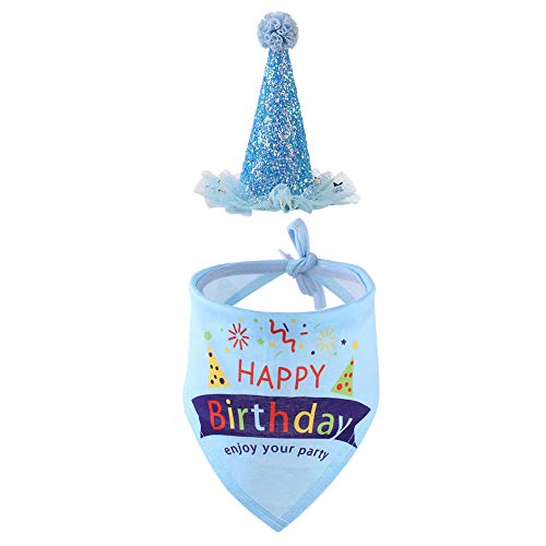 Sombrero de Cumpleaños Para Perros,Triángulo de Pañuelo de Cumpleaños para Perros,Set de Cumpleaños para Mascotas,Bufanda de Pañuelo Triangular para Fiesta Conjunto y Decoración de Cumpleaños(Azul)