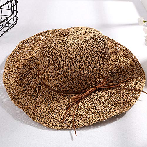 Sombrero de Paja de Ganchillo Hecho a Mano para Mujer, Sombrero de Verano Hueco, Protector Solar Plegable, Sombrero de Playa Grande - Caqui_40 * 40 cm