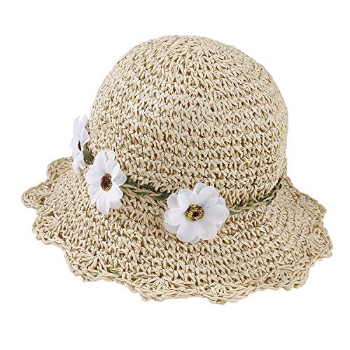 Sombrero de Paja Niñas Anti UV Gorra de Sol Chica de Playa con Flores para Viaje Beach Piscina al Aire Libre 50-52cm