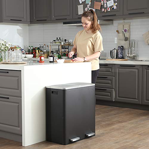 SONGMICS Basurero con 2 Compartimientos de 30L, Basurero de Reciclaje con Pedales de Metal, Cubos Interiores de Plástico y Tapa con Bisagras, Manijas, Cierre Suave, Hermético, Negro LTB60BK