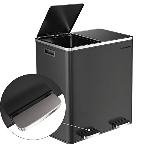 SONGMICS Basurero con 2 Compartimientos de 30L, Basurero de Reciclaje con Pedales de Metal, Cubos Interiores de Plástico y Tapa con Bisagras, Manijas, Cierre Suave, Hermético, Negro LTB60BK