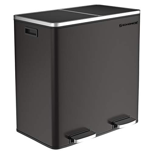 SONGMICS Basurero con 2 Compartimientos de 30L, Basurero de Reciclaje con Pedales de Metal, Cubos Interiores de Plástico y Tapa con Bisagras, Manijas, Cierre Suave, Hermético, Negro LTB60BK